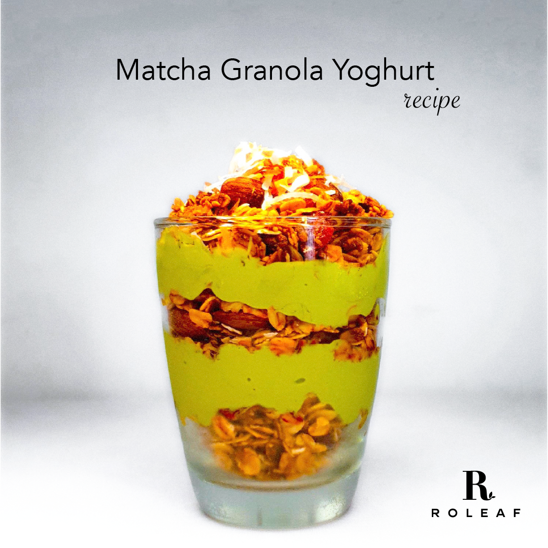 roleaf matcha granola yoghurt recipe in transparent glass